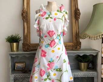 Y2K vintage dress Pola sz 34 fits XS vintage preppy dress halter neck frill hem pink flowers romantic summer dress