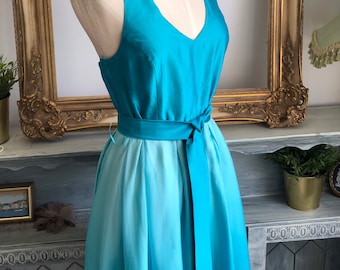 90s vintage halter neck dress with belt, Your Face sz 36 blue silk ombre open back dress retro blue silk, M Monroe natural silk dress