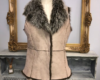 Gilet vintage Denim Co en daim beige et fausse fourrure, taille M UK10, gilet afghan