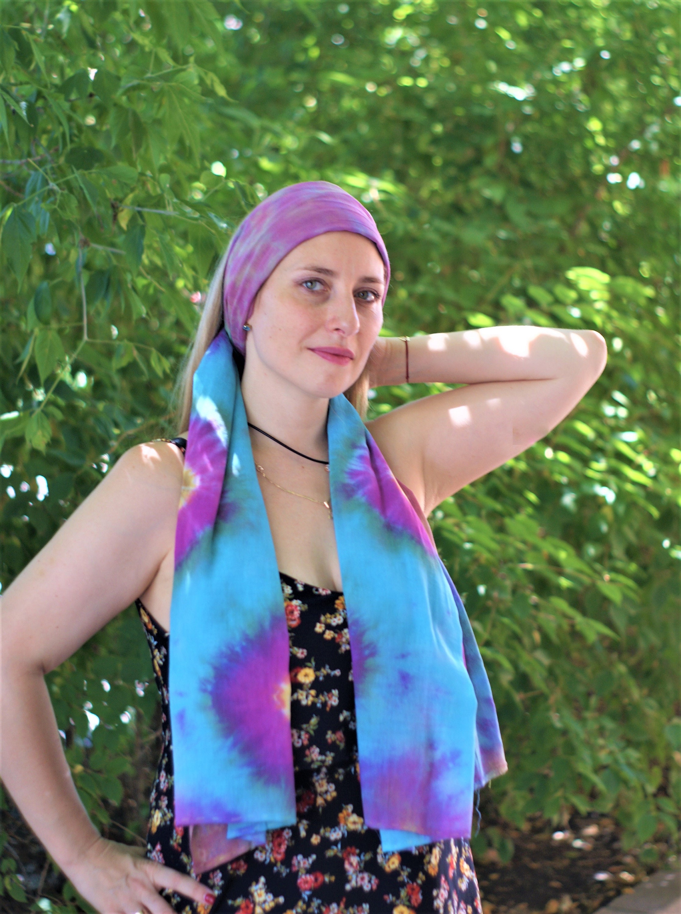 Tie dye cotton head scarf Blue Purple large scarf is hippie Etsy