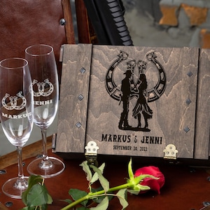 Personalized cowboy wedding Wedding Champagne Glasses in Engraved Wood Box or Champagne Toasting Glasses without  Box Cake Cutting Set