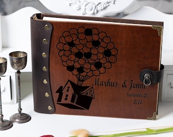 Personalized Wood Wedding Guest Book, Up Balloon House, Leather Spine