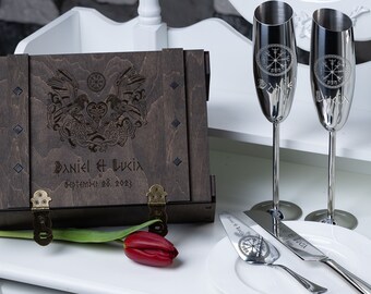 Personalized Wedding Champagne Flutes & Cake Cutter Set, Wooden Box