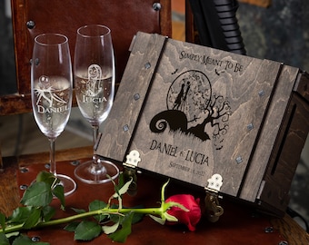 Personalized Wedding Champagne Glasses with Engraved Wood Box, Cake Cutting Set Option