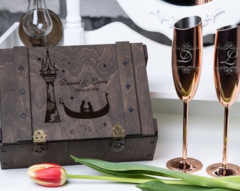 Personalized Wedding Champagne Glass & Cake Cutting Set, Engraved Wooden Box