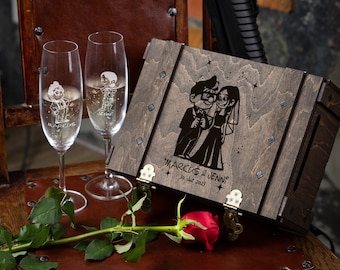 Bicchieri da champagne personalizzati per matrimonio in scatola ricordo in legno inciso
