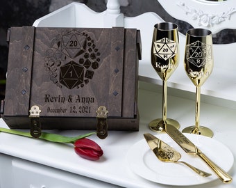 Personalized DnD wedding set with fantasy dice engraving, custom gamer marriage keepsake in wooden box