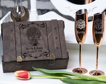 Personalized DND Wedding Champagne Flutes and Cake Server Set with Wooden Box