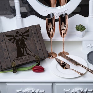 Personalized Wedding Champagne Glass & Cake Cutting Set, Engraved Wooden Box