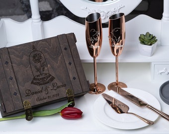 Personalized Wedding Champagne Glass & Cake Cutter Set, Engraved Wooden Box
