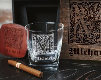 Personalized whiskey gift set - 73 - Coaster and glass  in personalized wood box.