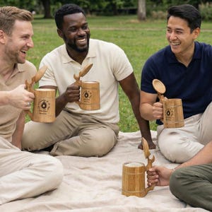 May include: Four men are seated on a blanket outdoors, each holding a wooden beer mug. The mugs have a carved handle and a lid with a spoon-like design. The mugs have a circular emblem. The men are smiling and laughing.