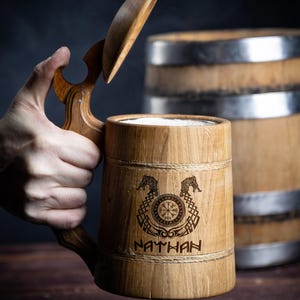 Personalized Wooden Beer Mug: Custom Engraved Viking Tankard, Oak or Walnut