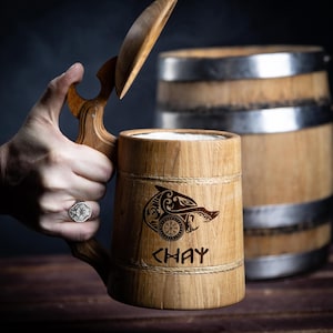 Viking Beer Mug, Custom Engraved Beer Mug, Personalized Gift for Him, Bachelor Party, Wedding Gift, Oak or Walnut, Rustic Viking Tankard