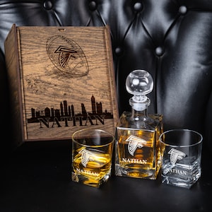 Personalized Whiskey Decanter Set – Engraved Football Fan Gift, Dark Oak Box 1205