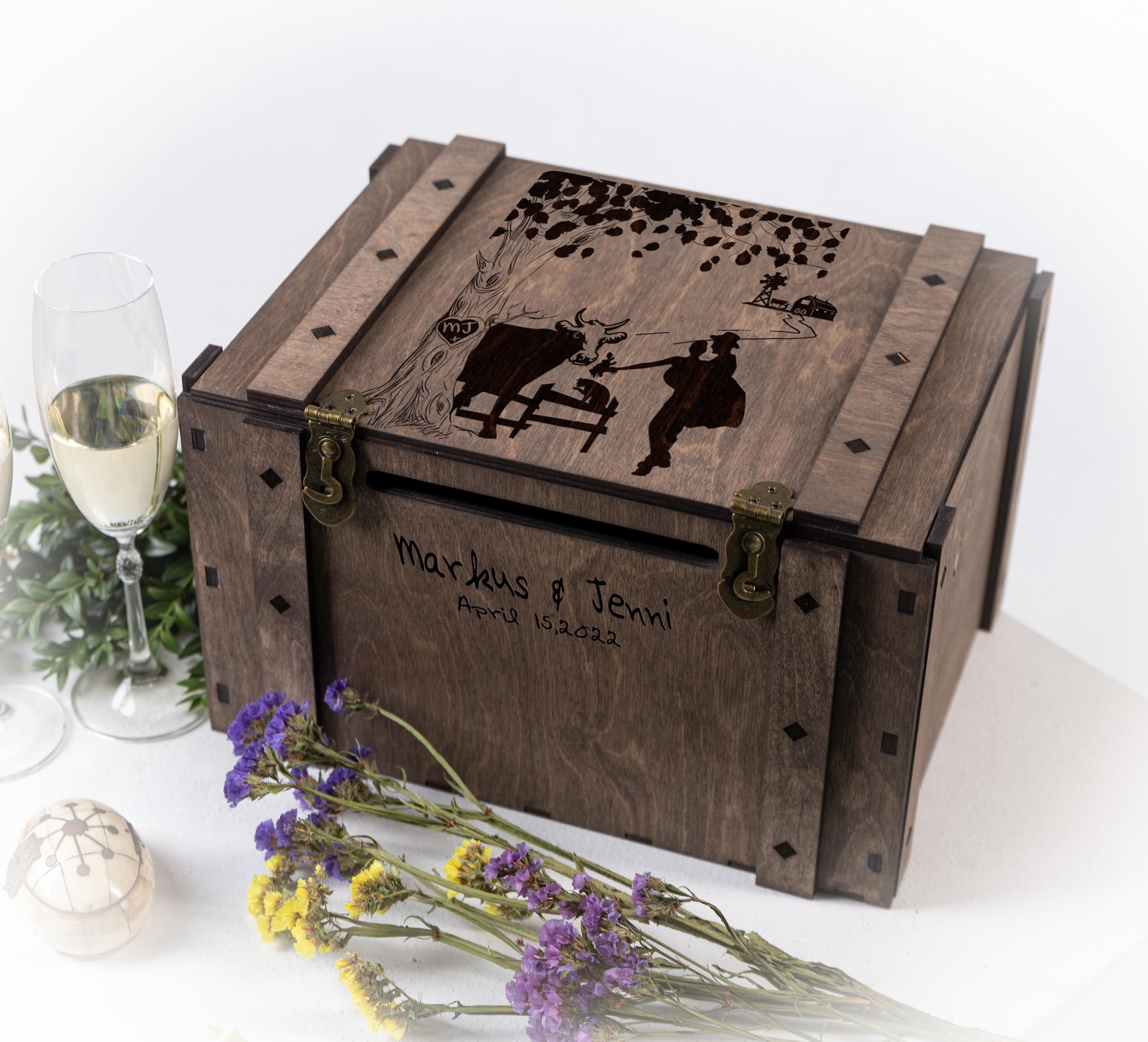 Personalized Wooden Wedding Card Box With Lock: Engraved Rustic Wishes ...