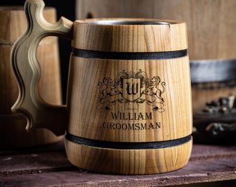 Custom Engraved Wooden Beer Mug: Groomsmen Gift, Oak or Walnut