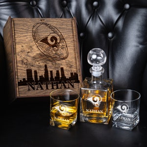 Personalized Whiskey Decanter Set – Football Fan Gift, Engraved Wood Box 1505