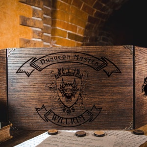 May include: A wooden Dungeon Master screen with a dragon crest and the text "Dungeon Master William".