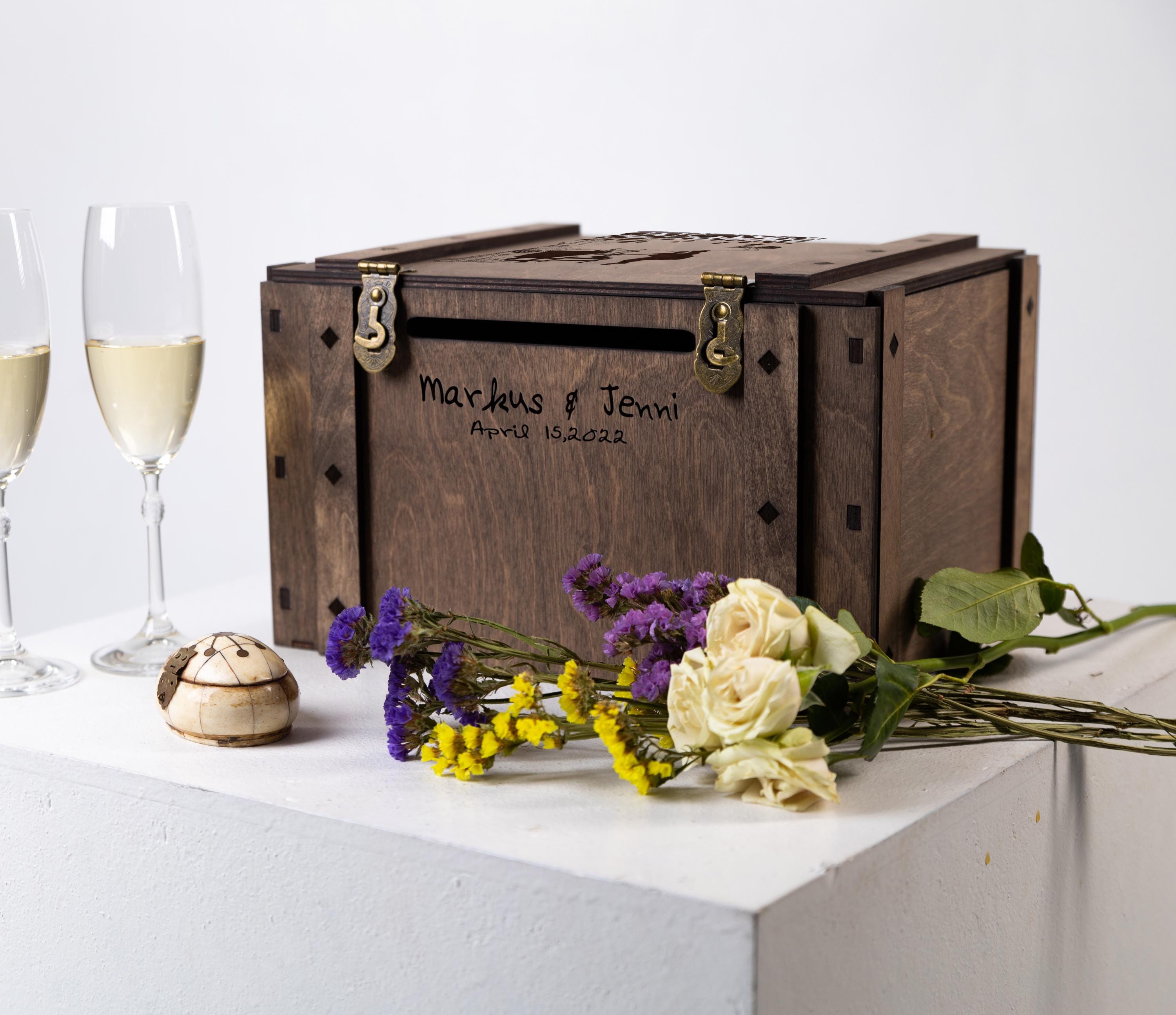 Personalized Wooden Wedding Card Box With Lock: Engraved Rustic Wishes ...
