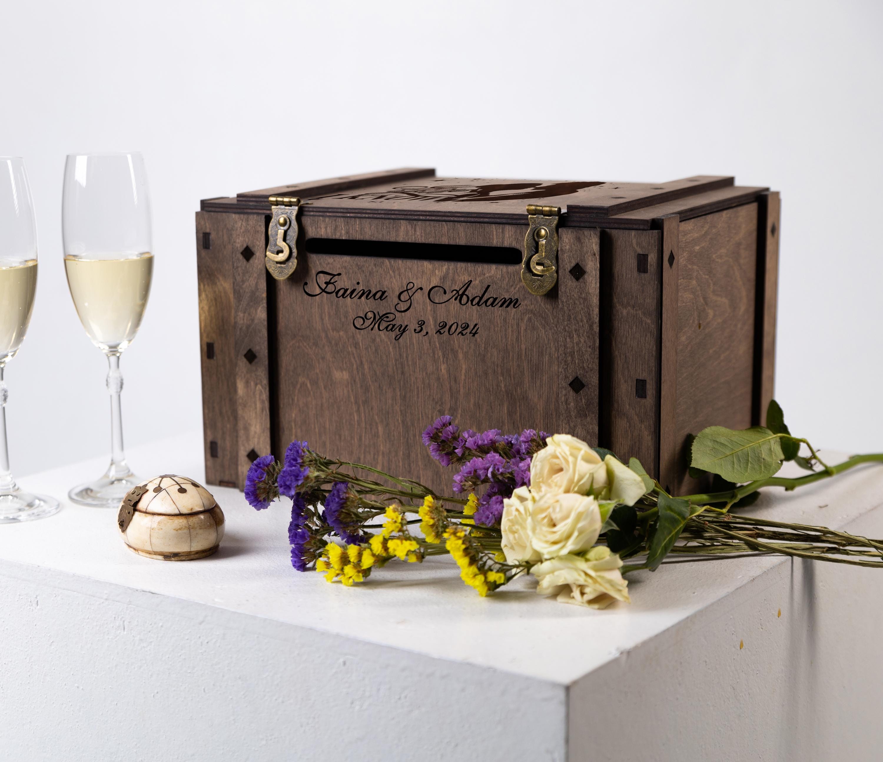 Personalized Wooden Wedding Card Box With Lock: Rustic Keepsake Space ...