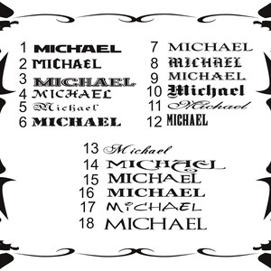 Puede incluir: Una imagen en blanco y negro con el nombre "MICHAEL" escrito en 18 estilos diferentes. Cada nombre est&aacute; numerado del 1 al 18.