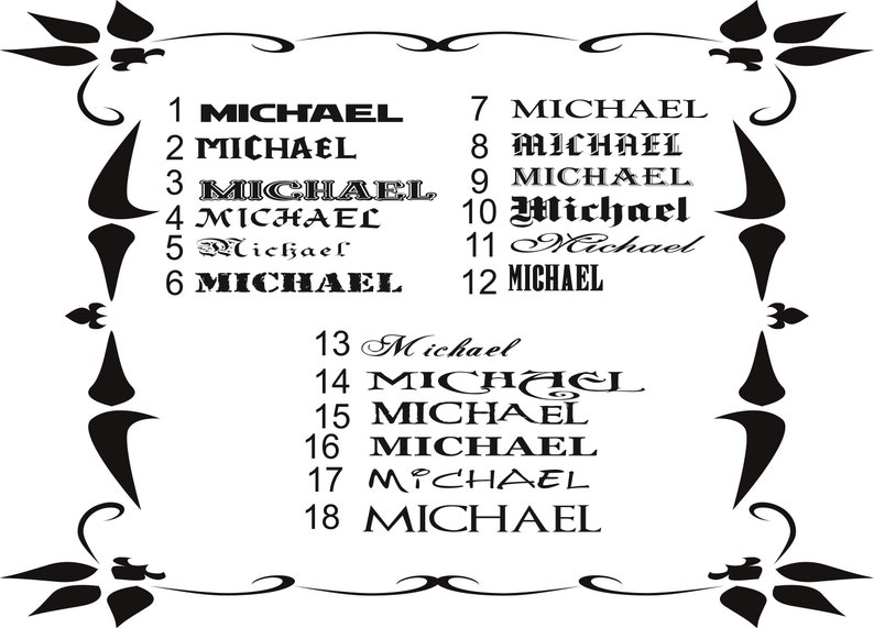 Puede incluir: Una imagen en blanco y negro con el nombre "MICHAEL" escrito en 18 estilos diferentes. Cada nombre est&aacute; numerado del 1 al 18.