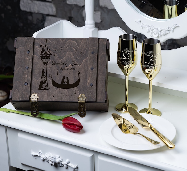 Personalized Wedding Champagne Glass & Cake Cutting Set, Engraved Wooden Box