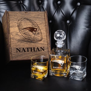 Personalized Whiskey Decanter Set: Engraved Football Gift in Dark Oak Box