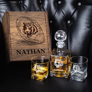 Personalized Whiskey Decanter Set: Cincinnati Football Fan Gift, Dark Oak Box