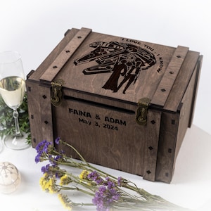 Caja de madera para tarjetas de boda con cerradura y personalizada, caja de recuerdo para tarjetas y deseos con cerradura, caja de boda Jedi con decoración cósmica