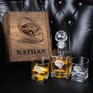 Personalized Whiskey Decanter Set: Jacksonville Football Fan Gift, Dark Oak Box