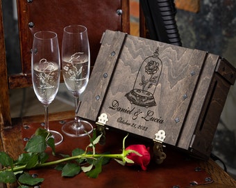 Personalized Wedding Champagne Glasses with Engraved Wood Box, Cake Set Option