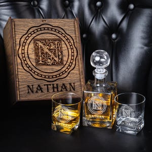 Personalized Whiskey Decanter Set -- Cool Personalized Gift - Family Crest - Decanter Set Wooden Box Gift For Men Christmas Gift