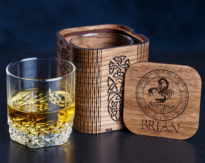Personalized Whiskey Glass Set: Engraved Zodiac Sign, Wooden Gift Box scorpio