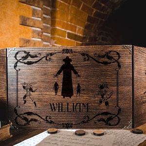 Custom oak DM enclosure, snake marionettes TTRPG folding board, serpent puppet master engraving