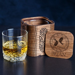 Elegant Whiskey Glass with Personalization in Wooden Gift Box - Custom Gift   - Pisces zodiac sign - Pisces gifts