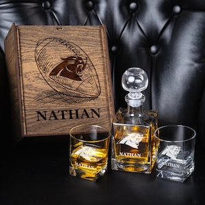 Personalized Whiskey Decanter Set: Carolina Football Fan Gift, Engraved Wood Box