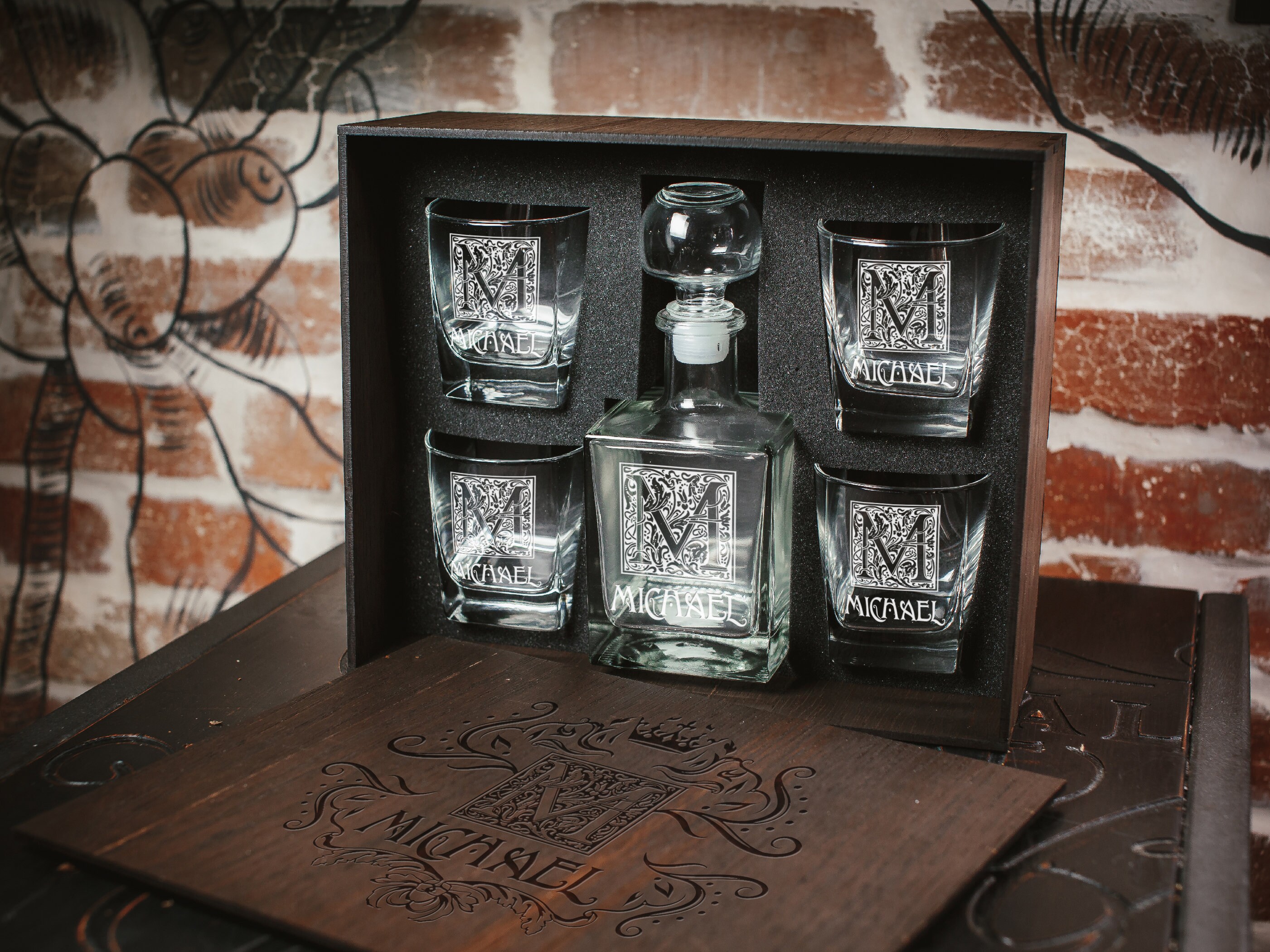 4 Glasses & Decanter in personalized wood box 146 Gift for Etsy