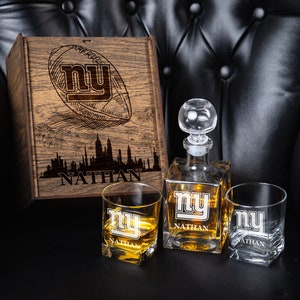 Personalized Football Decanter Set: Engraved Whiskey Glasses, Dark Oak Box 0405