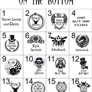 May include: A grid of 16 black and white images showing different engraving options for a personalized gift. The images include a variety of designs, including a deer, a skull, a dragon, a compass, and a viking helmet. The text "ENGRAVING OPTIONS ON THE BOTTOM" is at the top of the grid. The numbers 1 through 16 are listed below each image.