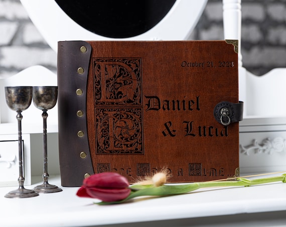 Personalized Oak Wedding Guest Book, Leather Spine, Engraved Album