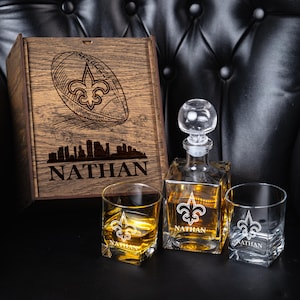 Personalized Whiskey Decanter Set: New Orleans Football Fan Gift, Engraved Wooden Box