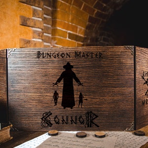 May include: A wooden Dungeon Master screen with the text "Dungeon Master" and "Choose Your Weapon". The screen features a silhouette of a figure controlling two smaller figures. The screen is brown with metal corner accents.