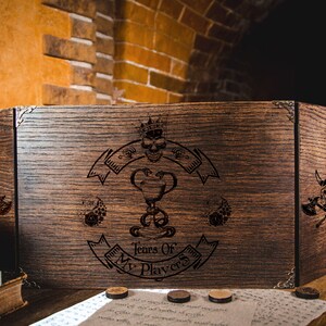 Custom oak DM barrier, snake goblet & crossed axes engraving, skull ribbon tabletop quest wall