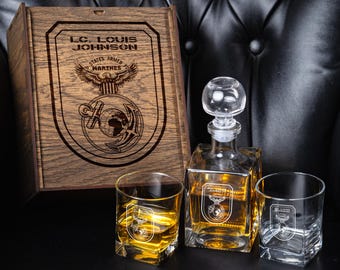 Personalized Whiskey Decanter Set: Engraved Glass & Wooden Box, Military Gift