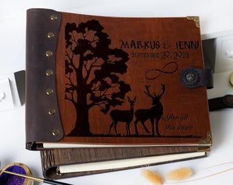 Personalized Wood Wedding Guest Book: Leather Spine, Engraved Album Wizard's Wedding