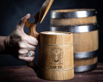 Rustic Wooden Beer Mug: Custom Engraved Oak or Walnut Tankard