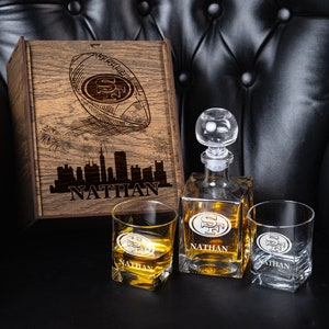 Personalized whiskey gift set -1305- Personalized decanter set San Francisco Football fans gift set Christmas gift Decanter set Wooden box