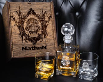 Personalized Whiskey Decanter Set: Engraved Wooden Box, Lead-Free Glass